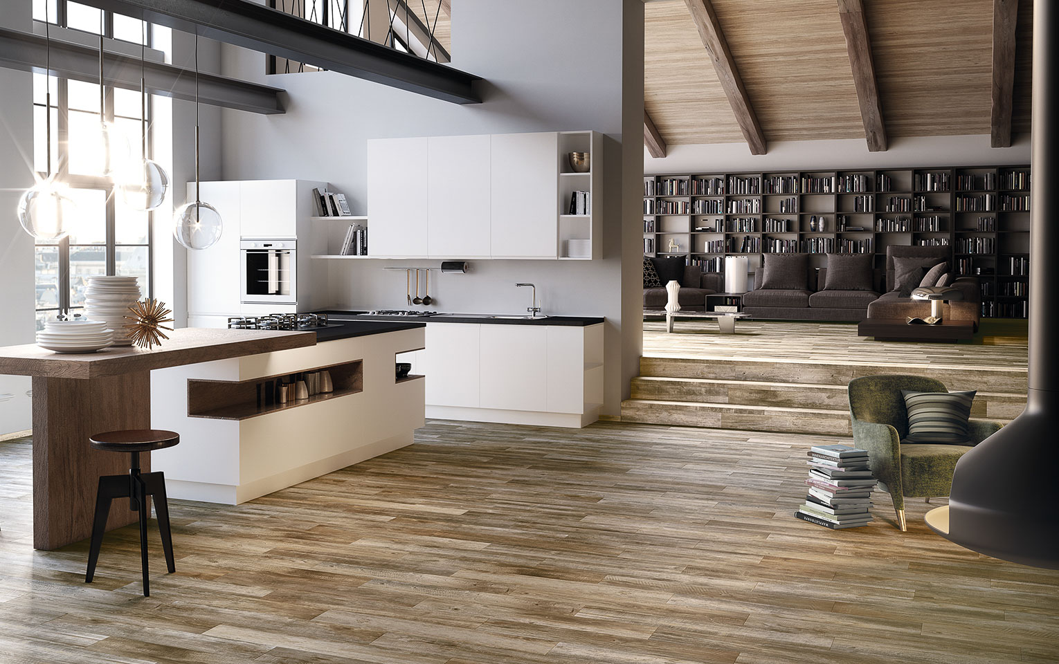 Volledig interieur met doorlopende houtlookvloer