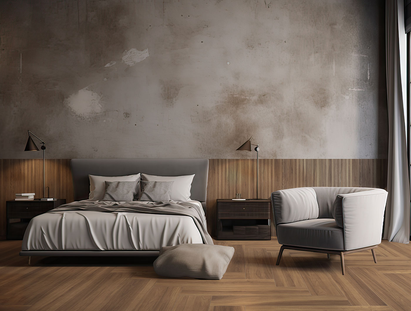 Slaapkamer met houtlooktegels